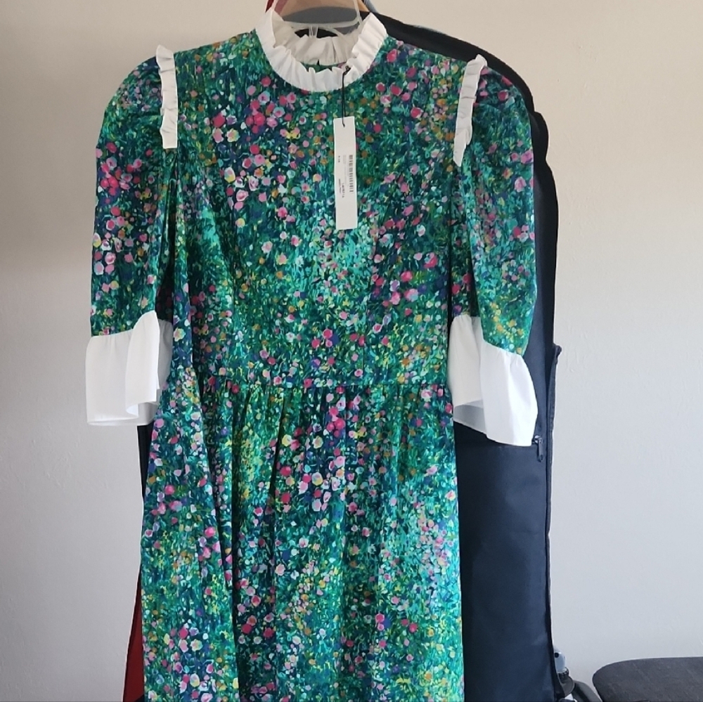 Batsheva Green Puff Sleeve Sundress with Mock Neck